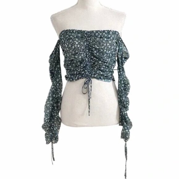 THE EAST ORDER FLORAL CINCHED LACE UP OFF THE SHOULDER SHEER CROPPED TOP - Picture 1 of 8